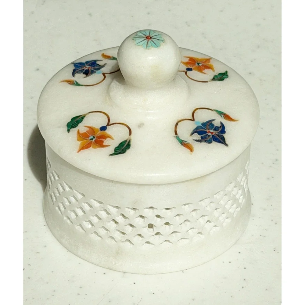 White Marble Ring Jewelry Box Lattice Inlaid Floral Design 2.5